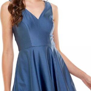 Jump Sleeveless X-Back V neck Satin Fit-And-Flare Dress Blue